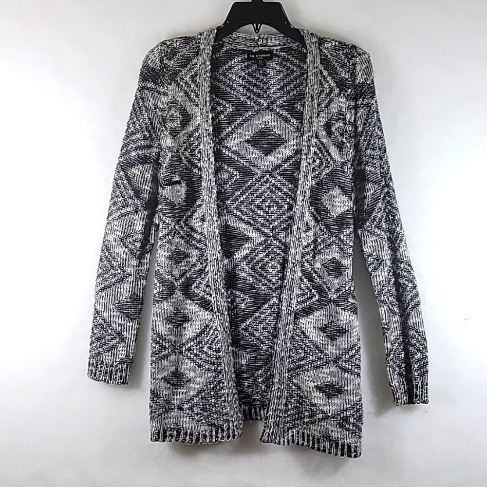 I.N. STUDIO Black and White Diamond Knit Open Front Cardigan Size PS
